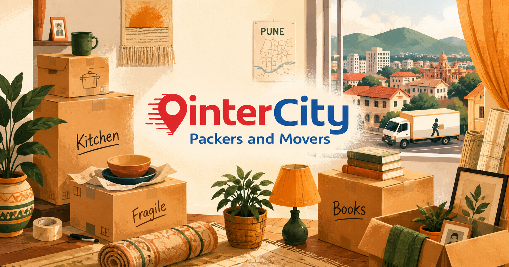 Moving boxes labelled Kitchen, Fragile and Books in a Pune apartment, with an InterCity Packers and Movers truck and Pune skyline visible through the window